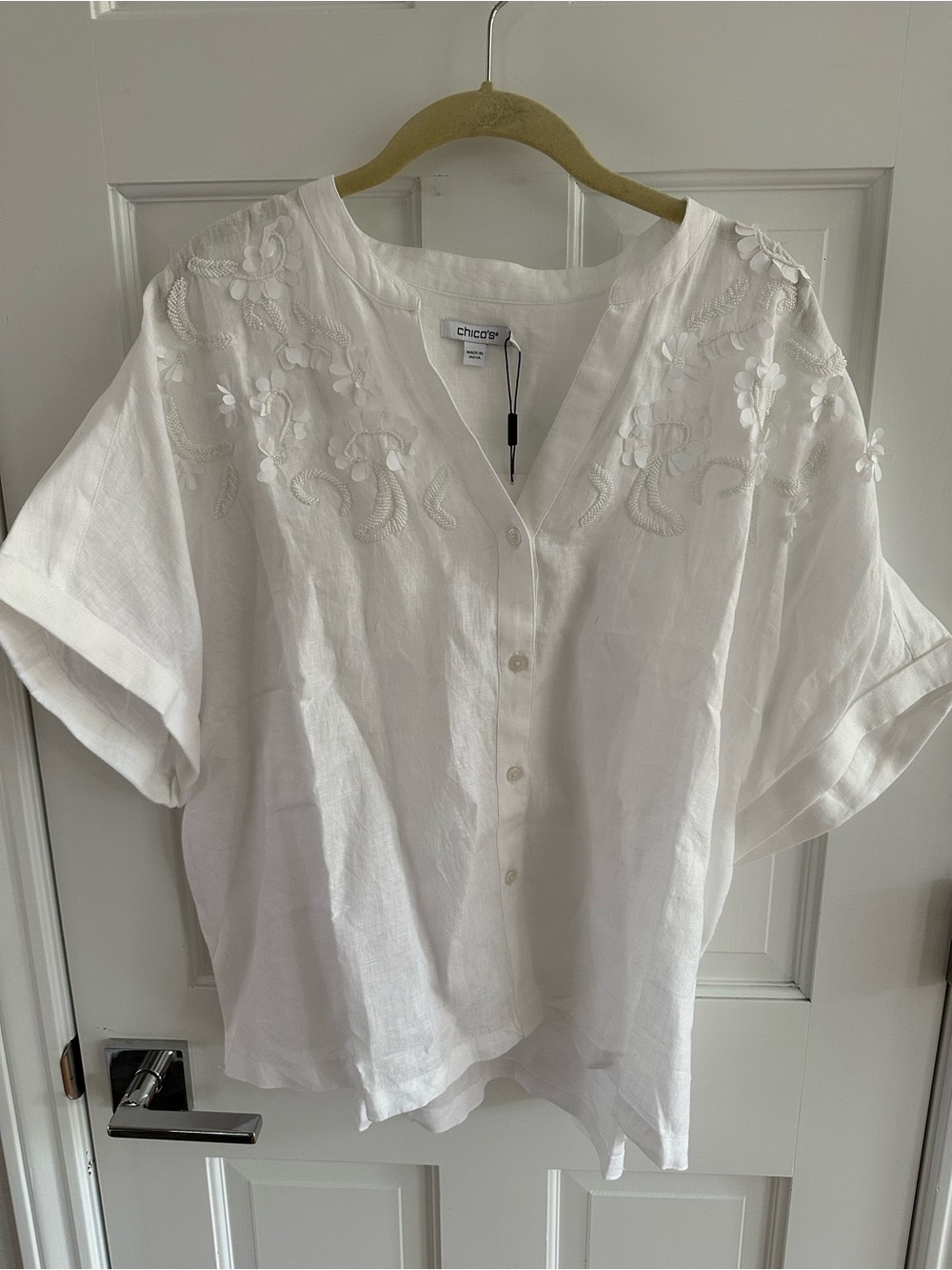 Chico's White Sparkly Embroidered V-Neck Button Down Top